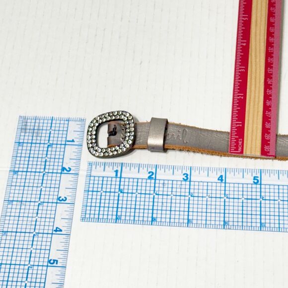 Fossil Womens Lather Belt Silver Metallic Square Rhinestone Buckle Bling Sz L